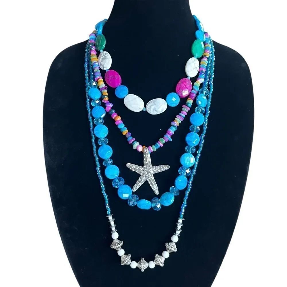 Chunky Multi Strand Gemstone Shell Bead Starfish Necklace